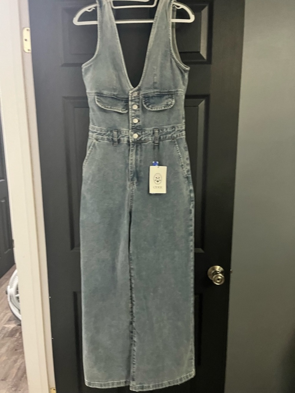 Cider Deep V Denim Jumpsuit - Washed Blue
